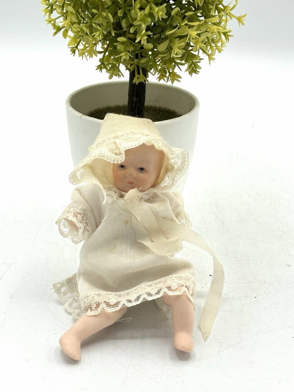 Antique Style Bisque Baby Doll 5” Painted Face Lace Christening Gown